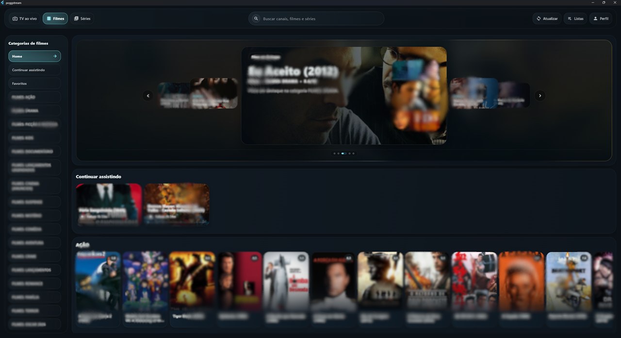 Tela da biblioteca do PoggStream