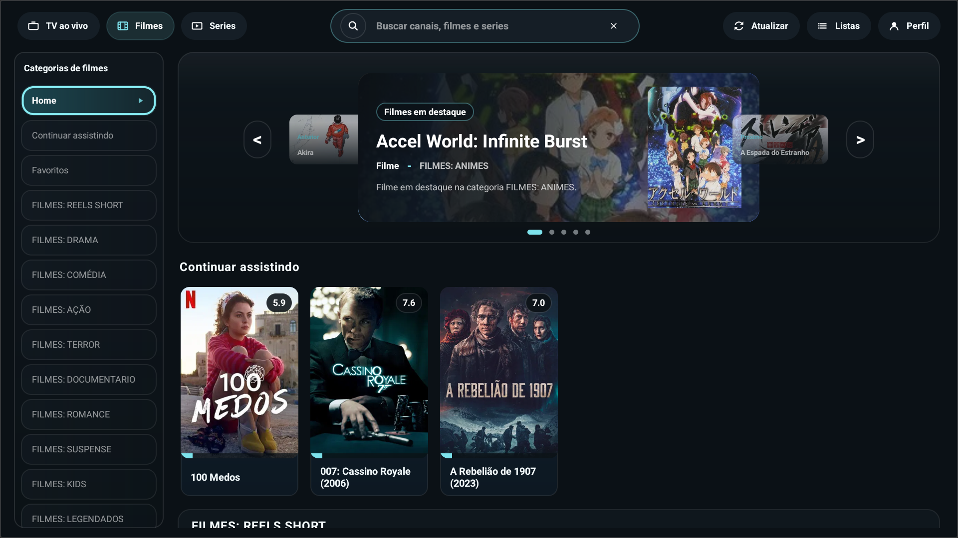 Tela inicial do app PoggStream em uma TV